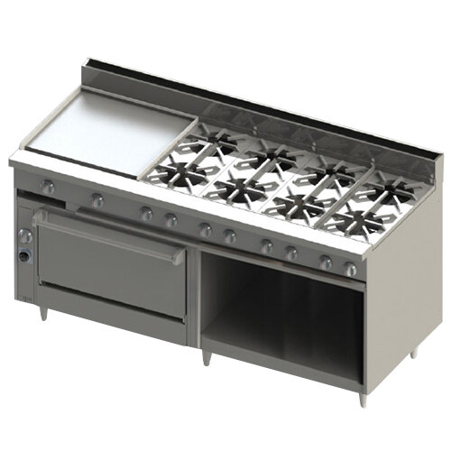 A large stainless steel Blodgett natural gas range with a griddle and two ovens.