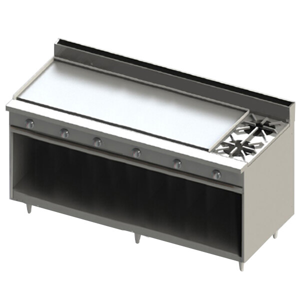 A Blodgett natural gas range with a griddle and two burners on a stainless steel counter.