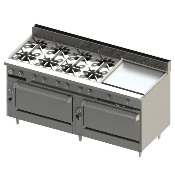 A Blodgett stainless steel commercial gas range with 2 burners and a griddle.