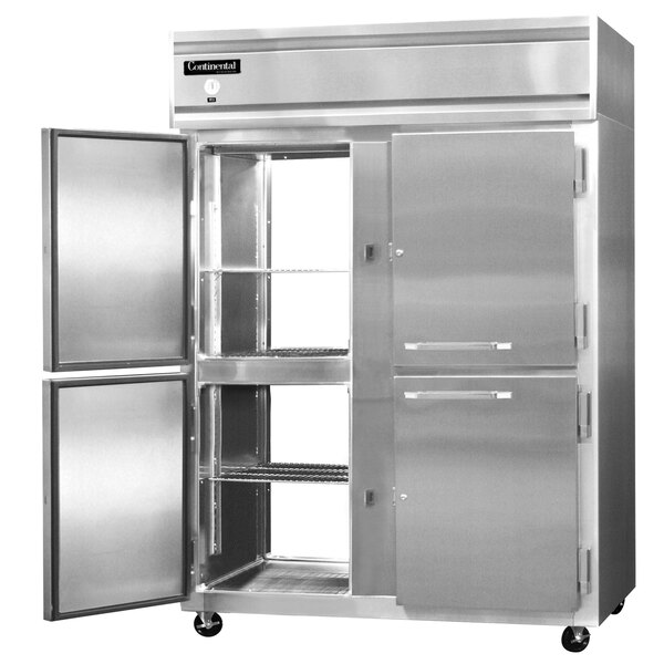 A Continental Refrigerator reach-in freezer with two half doors open.