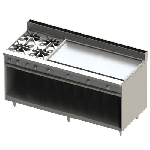 A stainless steel Blodgett range with two burners, a griddle, and a cabinet base.