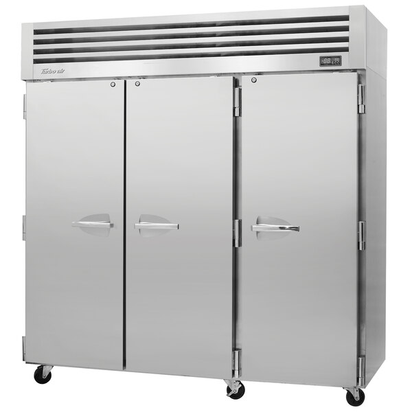 A Turbo Air Premiere Pro Series reach-in refrigerator with three solid doors.