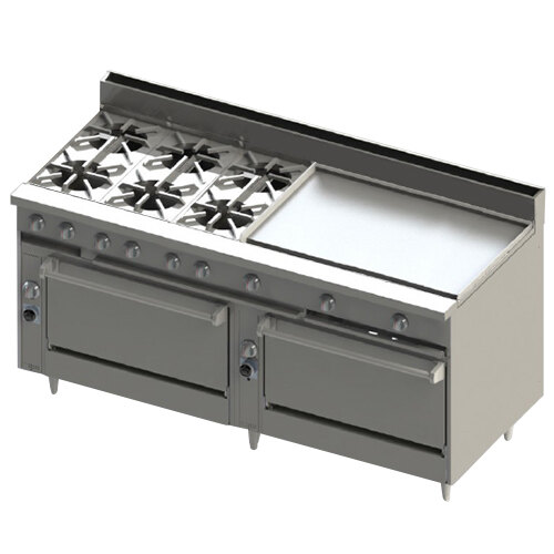 A large steel Blodgett commercial gas range with two standard oven doors.