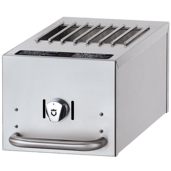 A silver stainless steel natural gas side burner with a knob.