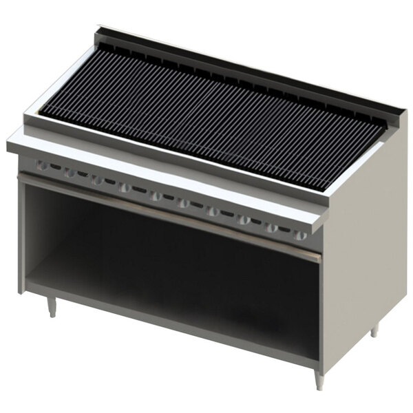 A white rectangular object with a black grill on a stainless steel counter.