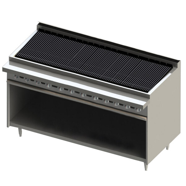 A Blodgett natural gas charbroiler with a stainless steel surface and black cabinet base.