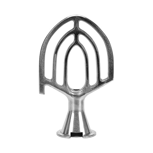 A close-up of a Globe stainless steel flat beater with a white background.