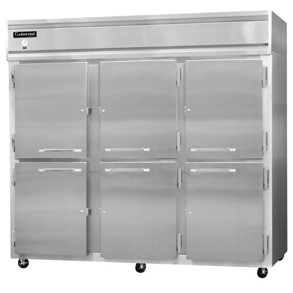A large stainless steel Continental Reach-In Freezer with three half doors open.