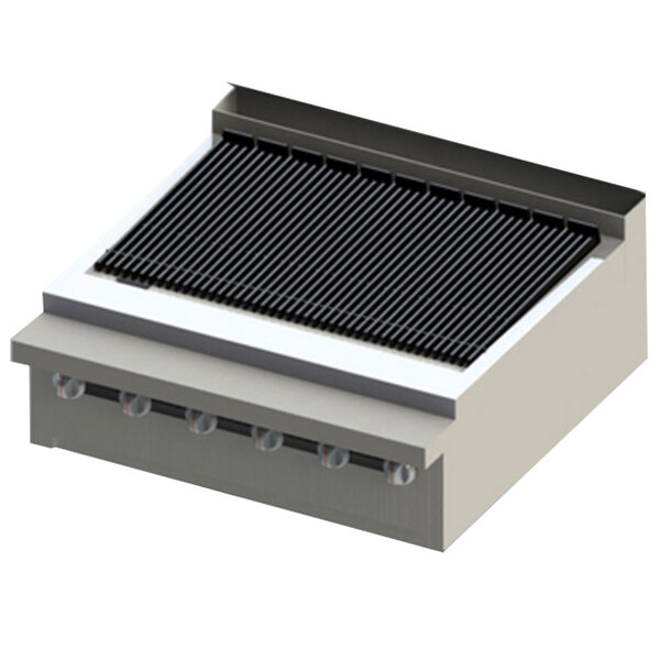 A Blodgett natural gas charbroiler with a metal grill over black radiant panels.