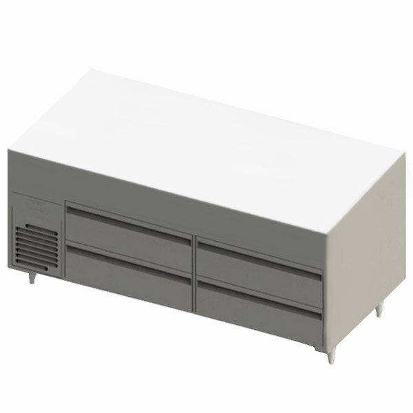 A white rectangular Blodgett chef base with grey drawers.