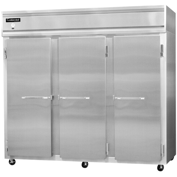 A Continental Refrigerator reach-in freezer with three solid doors.