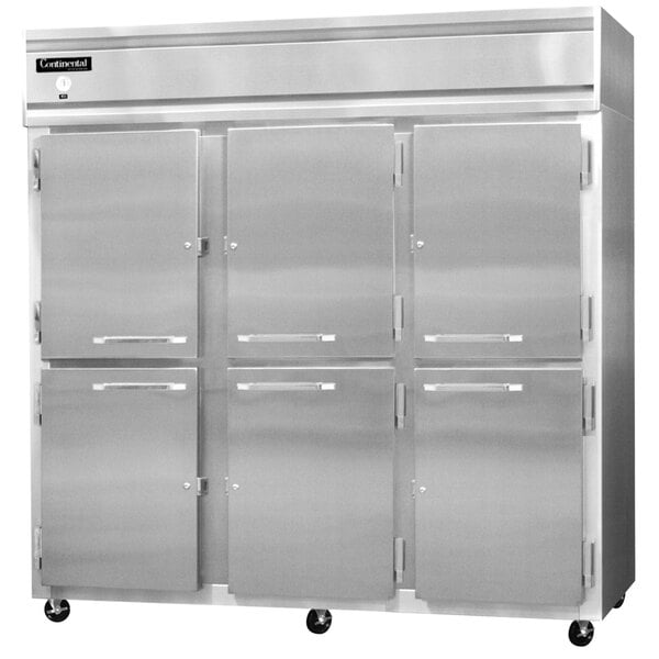A stainless steel Continental Refrigerator reach-in freezer with a white door.