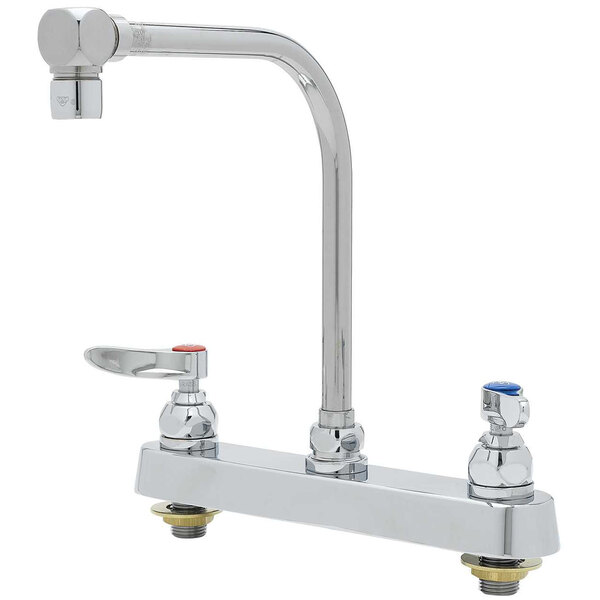 A chrome T&S deck-mounted faucet with two levers.