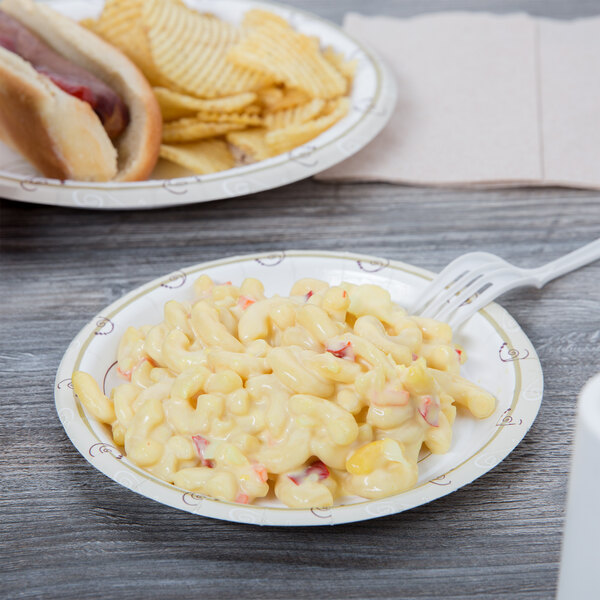 A Solo paper plate with macaroni and cheese, a hot dog, and potato chips with a plastic fork.