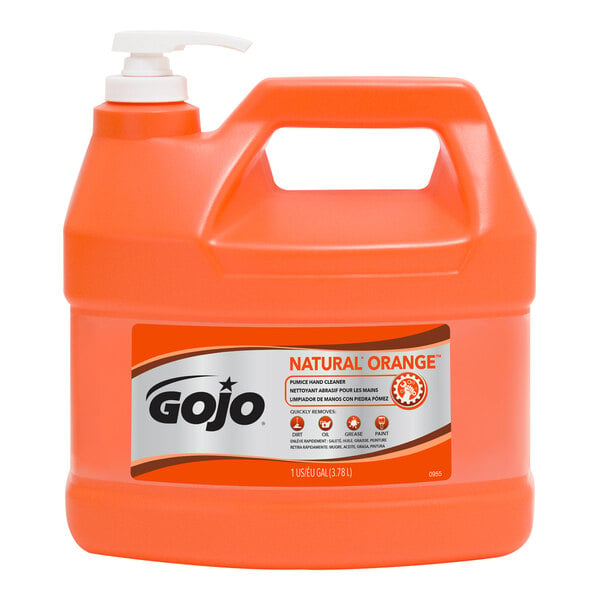 A plastic jug of GOJO natural orange pumice hand cleaner.