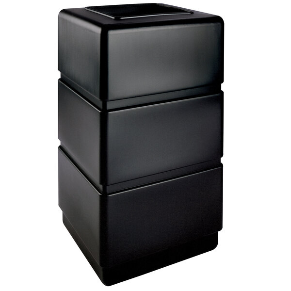 A black rectangular Commercial Zone PolyTec three-tier trash can with a square top.
