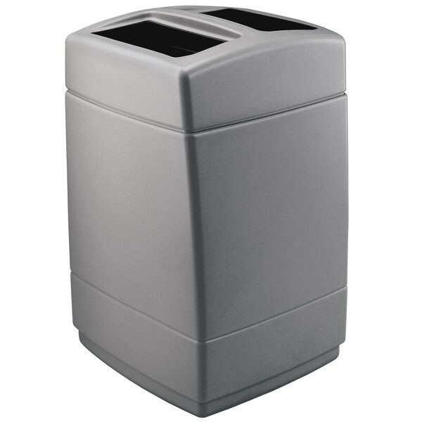 A grey rectangular Commercial Zone PolyTec trash container with a lid.