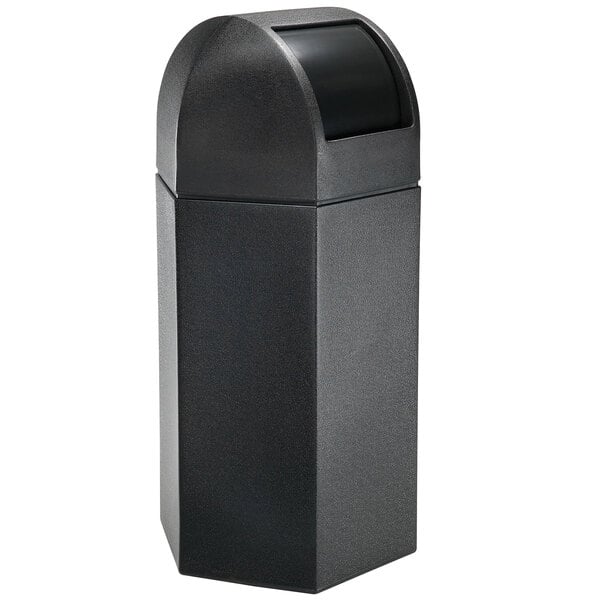 A black hexagon-shaped trash can with a black dome lid.
