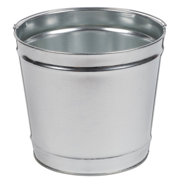 A silver metal pail with a handle.