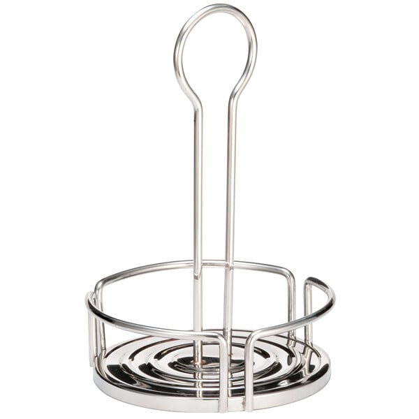 A silver metal Tablecraft condiment caddy with a handle.