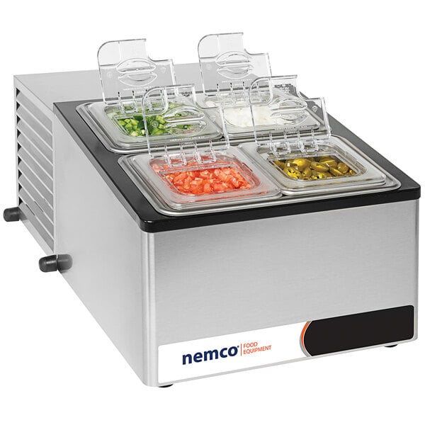 A Nemco refrigerated countertop condiment station with food in it.