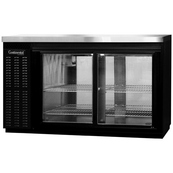 A black Continental Back Bar refrigerator with glass sliding doors and two shelves.
