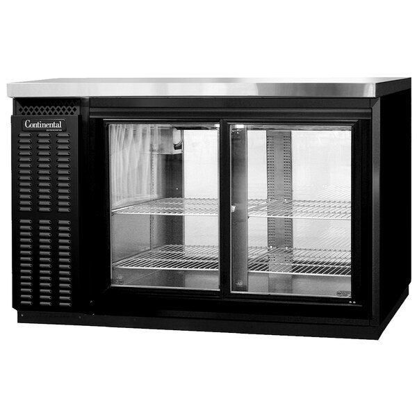 A black Continental Back Bar Refrigerator with glass doors.