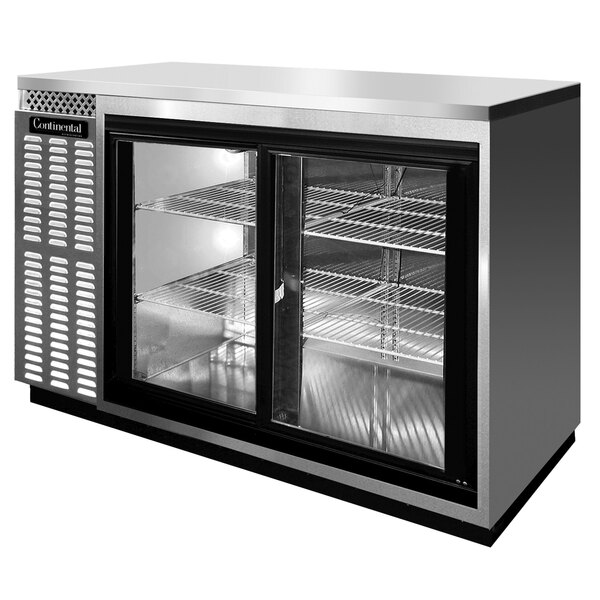 A Continental Refrigerator stainless steel back bar refrigerator with sliding glass doors.