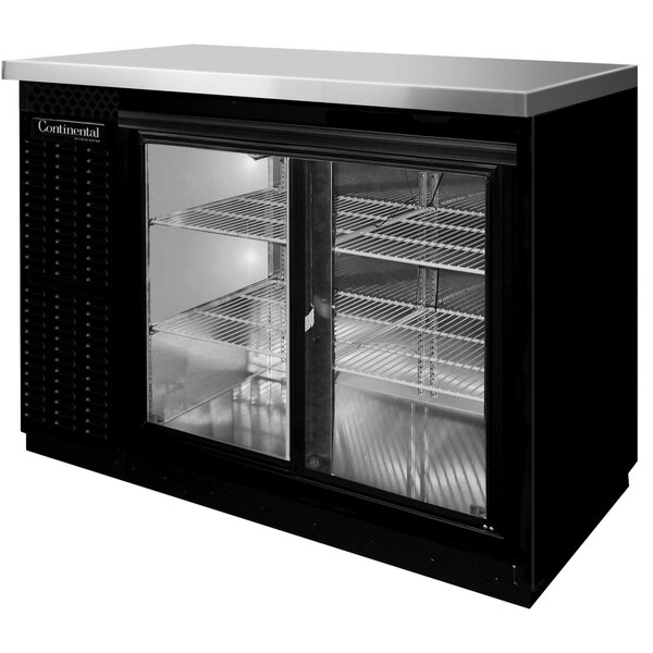 A black and stainless steel Continental Back Bar refrigerator with glass doors.