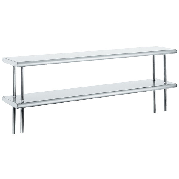 A stainless steel Advance Tabco table mounted double deck shelving unit.