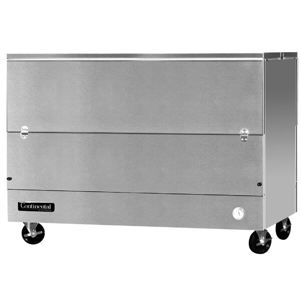 A stainless steel Continental Refrigerator milk cooler with wheels.