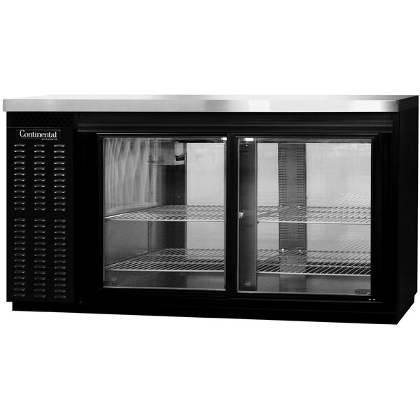 A black Continental Back Bar Refrigerator with glass sliding doors.