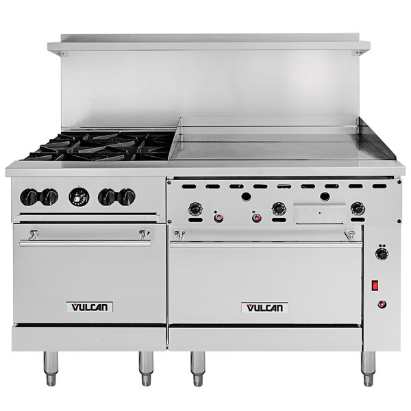A large stainless steel Vulcan commercial range with 4 burners, a thermostatic griddle, and 2 ovens.