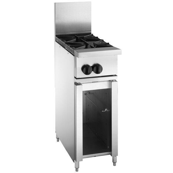 A stainless steel Vulcan 2 burner gas range with a cabinet base.