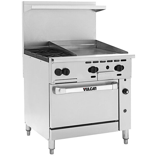 A large stainless steel Vulcan commercial gas range with 2 burners, a 24" thermostatic griddle, and standard oven.