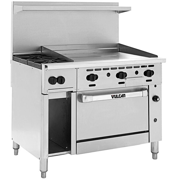 A stainless steel Vulcan commercial gas range with two burners, a griddle, and a door open.