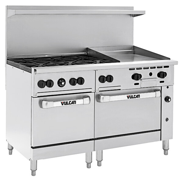 A large stainless steel Vulcan commercial gas range with 6 burners, a 60-inch griddle, and 60-inch oven.
