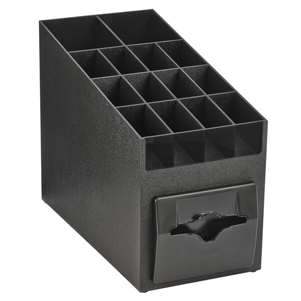 A black plastic Vollrath countertop organizer with adjustable compartments.