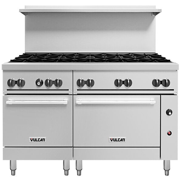 A white Vulcan 60" commercial gas range with black knobs.