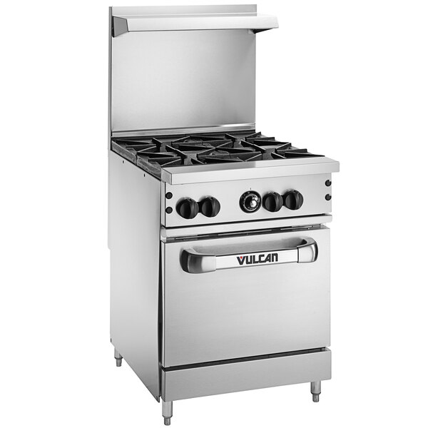 A Vulcan stainless steel 24" gas range with 4 burners and an oven.