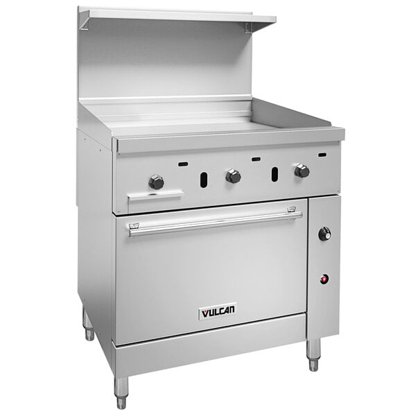 A large stainless steel Vulcan 36-inch gas range with thermostatic griddle and standard oven.