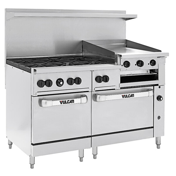 A Vulcan commercial gas range with griddle, broiler, standard, and convection ovens.