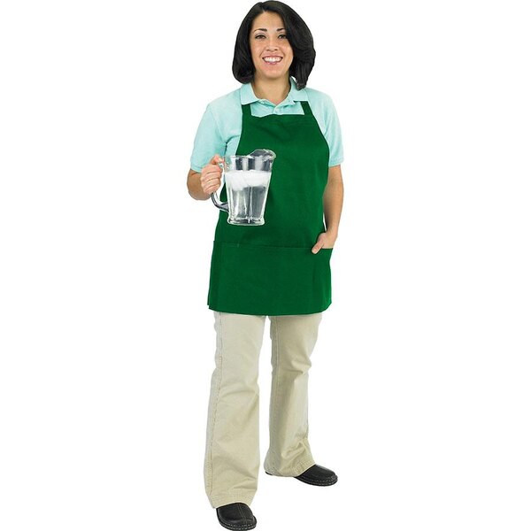 A woman wearing a Kelly green Chef Revival bib apron holding a pitcher of water.