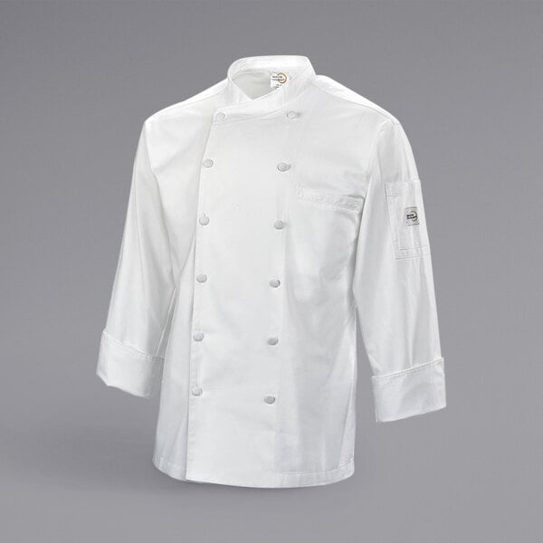 A close up of a Mercer Culinary white chef coat with buttons and cuffs.
