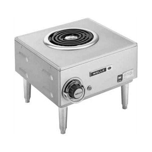 A Wells countertop electric hot plate with a square metal top and a round knob.