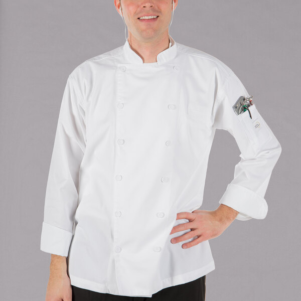 A man wearing a white Mercer Culinary chef coat.