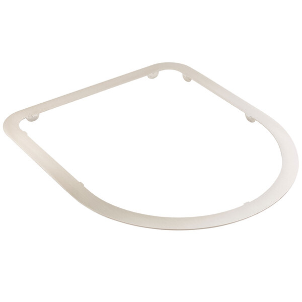 A white plastic adapter ring with a curved edge and a hole in the middle.