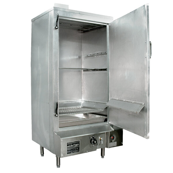 A Town stainless steel liquid propane indoor smokehouse with the right door open.