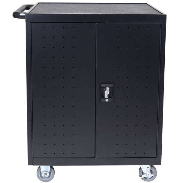 A black metal Luxor laptop charging cart with wheels.