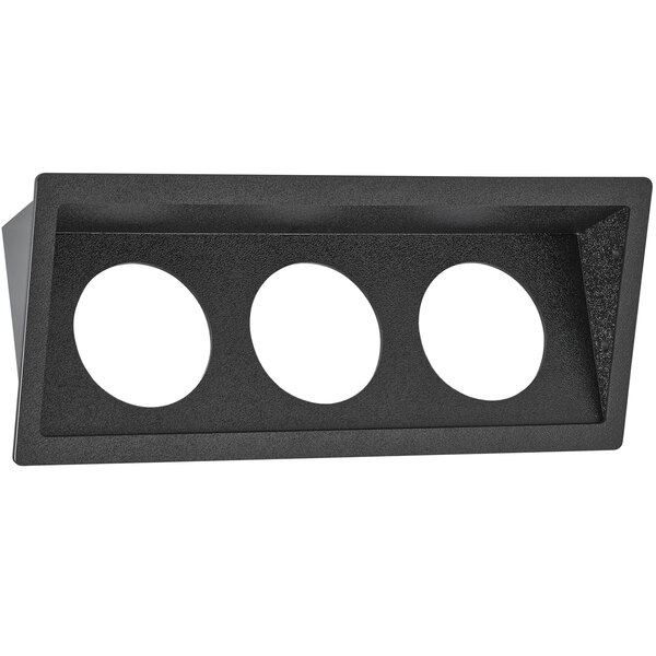 A black rectangular Vollrath flatware organizer with black cylinders inside three white circles.